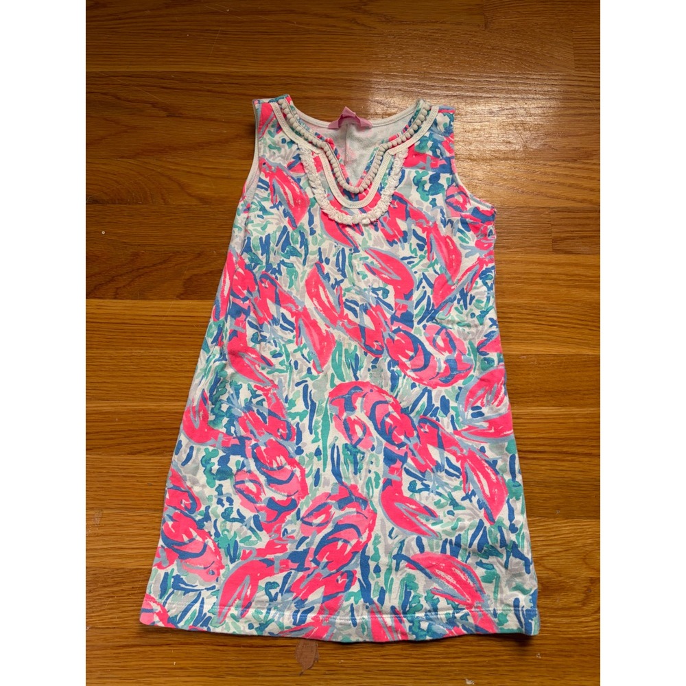 Lilly Pulitzer Girls Pink Blue Lobster Pom Pom Shift Dress Size M 6-7